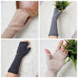 May include: A set of four fingerless gloves in two colors: beige and gray. The gloves are made of a soft, knitted fabric and have a ribbed texture. The gloves are shown on a white background.