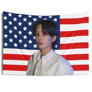 P1Harmony Theo in White Outfit American Flag, Theo American Tapestry, P1Harmony Utop1a, P1Harmony P1ustage, p1harmony tour 2024