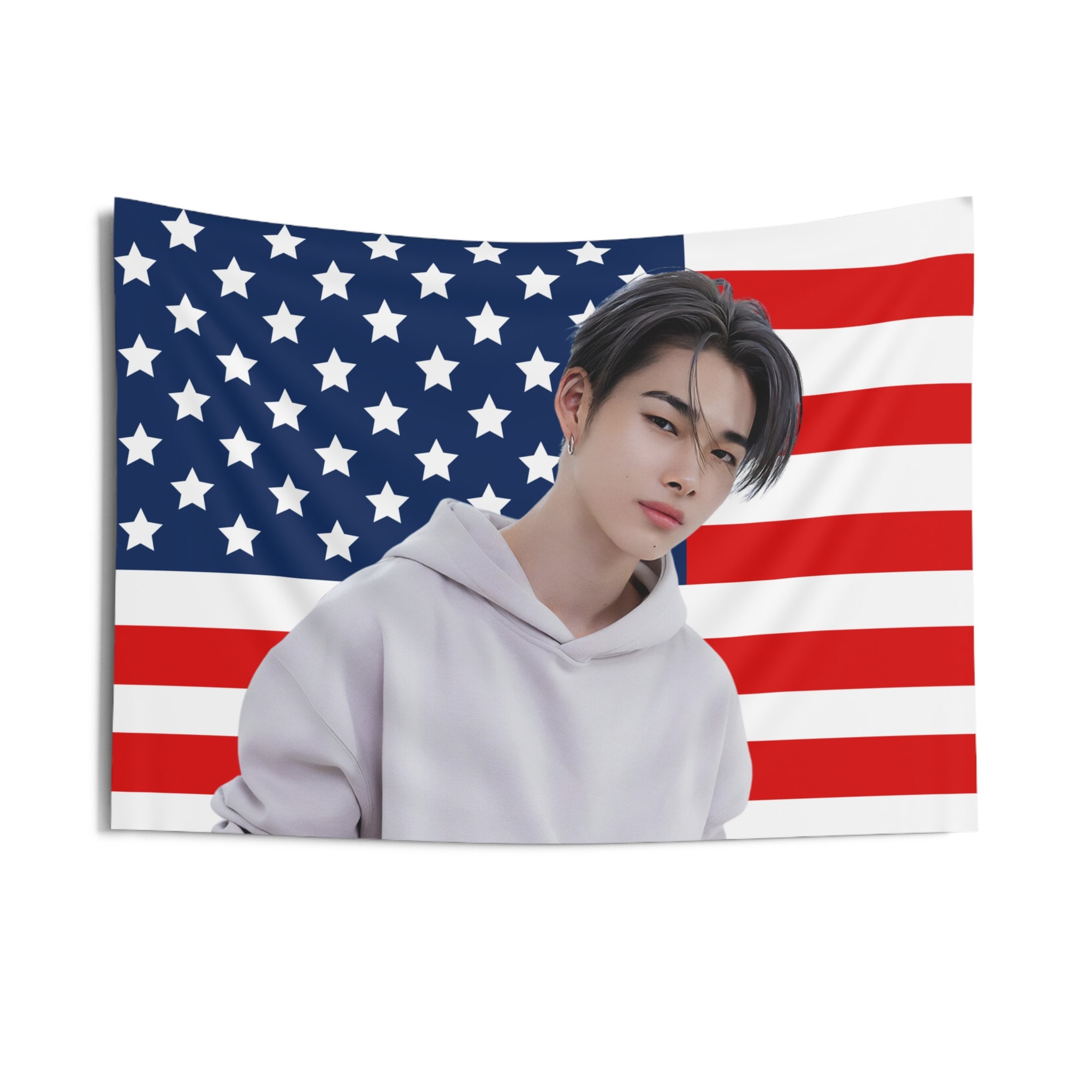 Enha Niki in Gray Jacket American Flag, Enha Concert Banner