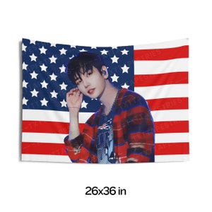 BoyNextDoor Jaehyun in Checkered Outfit Flag Banner, Jaehyun American Tapestry, Boy Next Door One and Only, Boy Next Door Serenade
