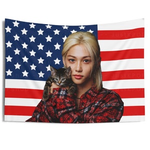 SKZ Felix with a Kitten American Flag, Stray Kids Felix American Tapestry, Stray Kids Ate, MOUNTAINS