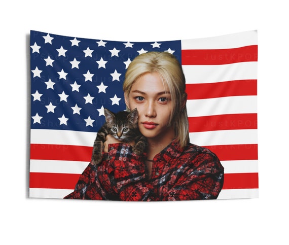 SKZ Felix With a Kitten American Flag, Stray Kids Felix American