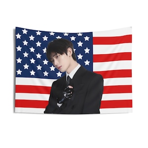 Sunoo in Black Suit American Flag, Enha Concert Banner, Enha Kpop Flag, Enha No Doubt, Enha World Tour