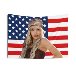 Twice Momo Blonde Amerikaanse vlag, Twice Concertbanner, Twice Kpop-vlag, MiSaMo-identiteit, Mamushi Twice, Twice 2024
