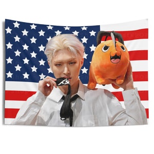 Ateez Mingi und Pochita Amerikanische Flagge, Ateez Konzertbanner, Ateez Kpop Flagge, Goldene Stunde Teil 2, Ateez Wille zur Macht, Ateez Welttournee