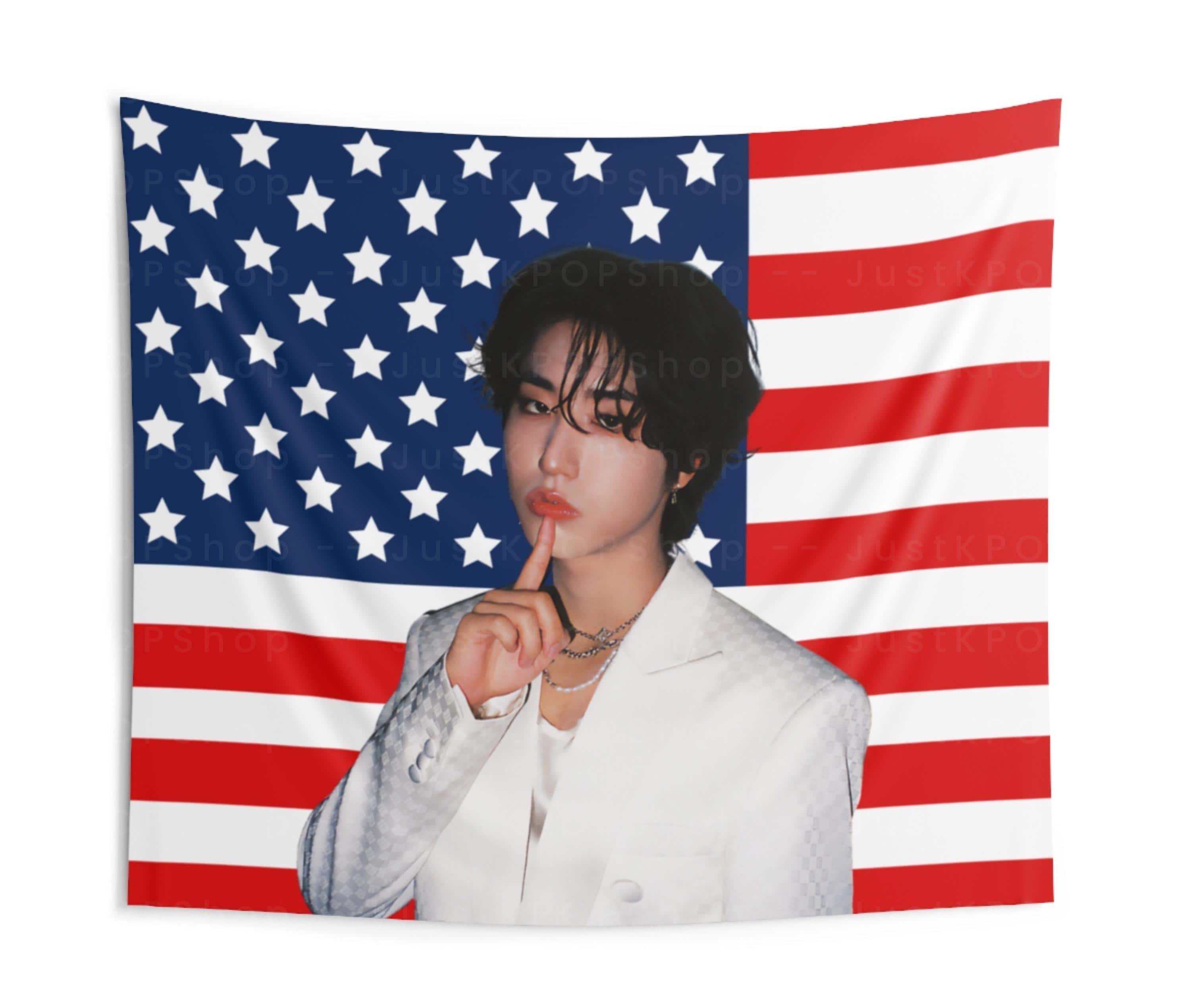 Stray Kids Han in White Suit American Flag, Han Jisung American