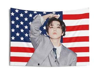 Bandera estadounidense de Han Jisung de Stray Kids, pancarta de concierto de Stray Kids, pancarta de Kpop de SKZ, Stray Kids Ate, montañas de SKZ, Stray Kids Giant