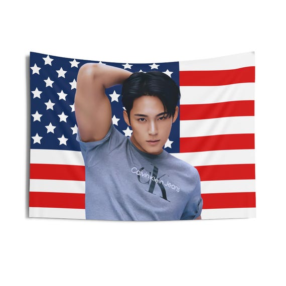 Mingyu in Gray Shirt American Flag, Seventeen Kpop Flag
