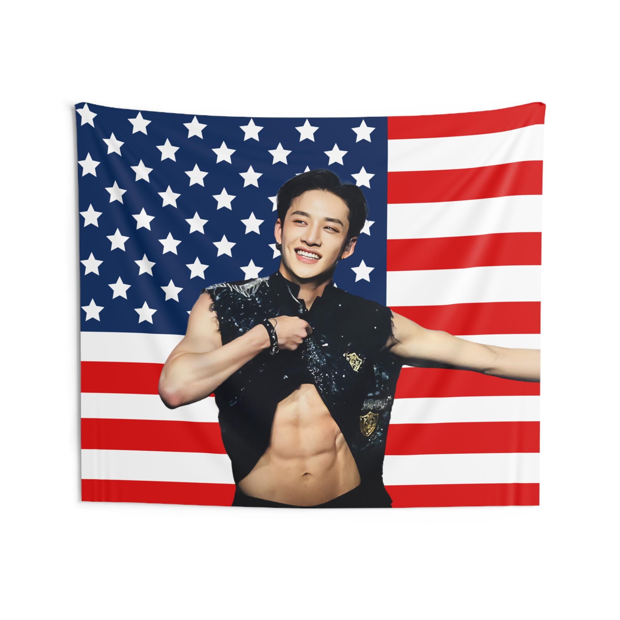 Bang Chan Flexing Abs American Flag, Stray Kids Concert Banner