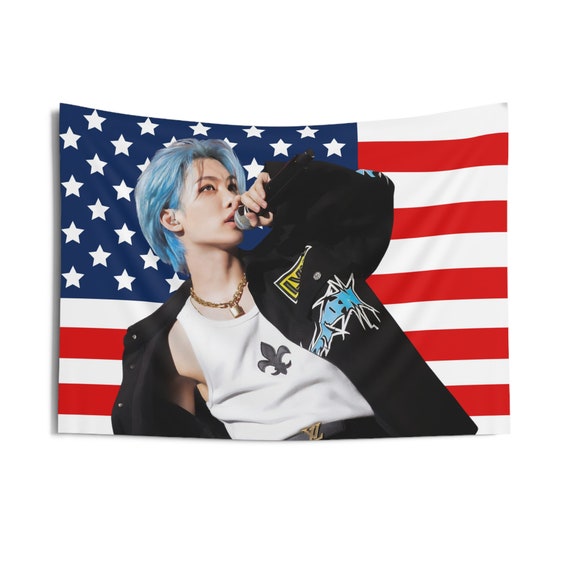 Stray Kids Felix Blue Hair American Flag, Felix American Tapestry