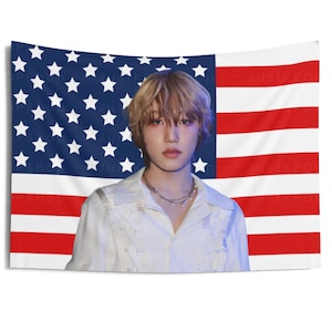 P1Harmony Jongseob in White Outfit American Flag, Jongseob American Tapestry, P1Harmony Utop1a, P1Harmony P1ustage, p1harmony tour 2024