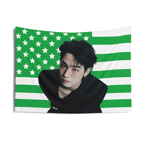 Könnte beinhalten: Eine Wandtapete mit einem Porträt einer Person mit schwarzen Haaren und einem schwarzen Oberteil, vor dem Hintergrund eines grün-weißen Flaggenmotivs. Die Flagge hat grüne Streifen und weiße Sterne.