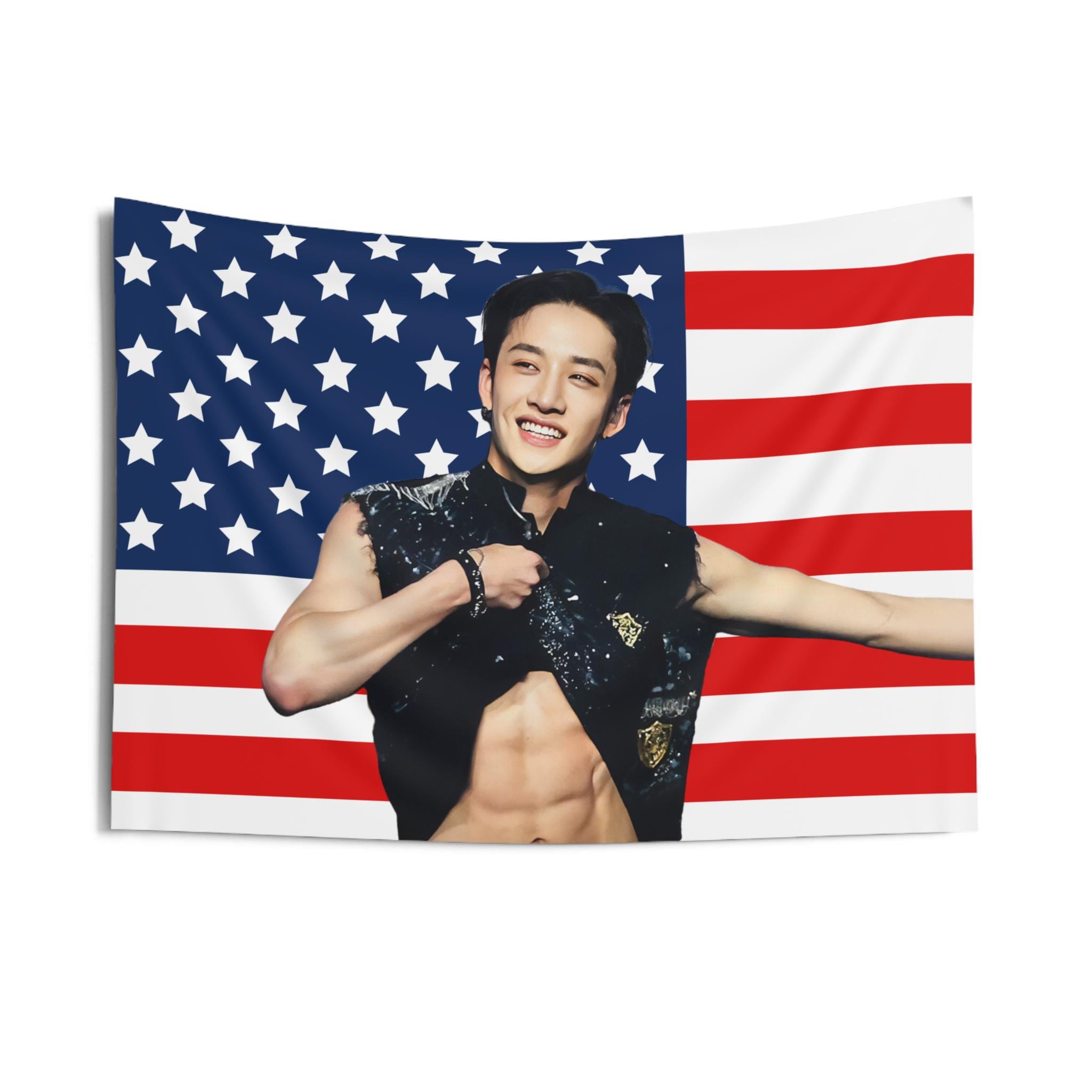 Bang Chan Flexing Abs American Flag, Stray Kids Concert Banner