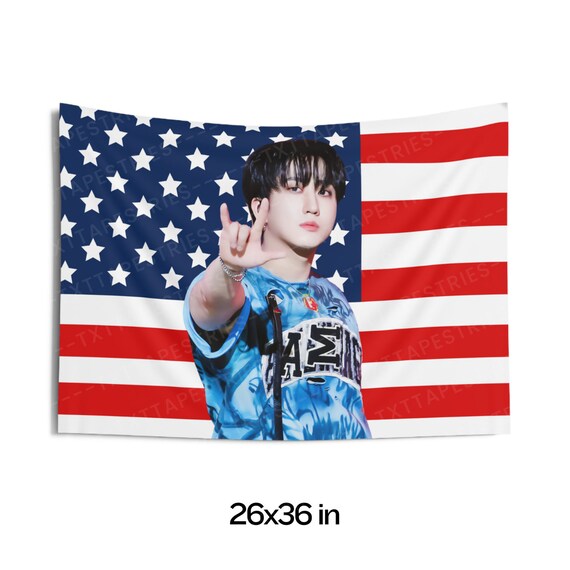 Stray Kids Changbin Blue Shirt American Flag, Changbin American