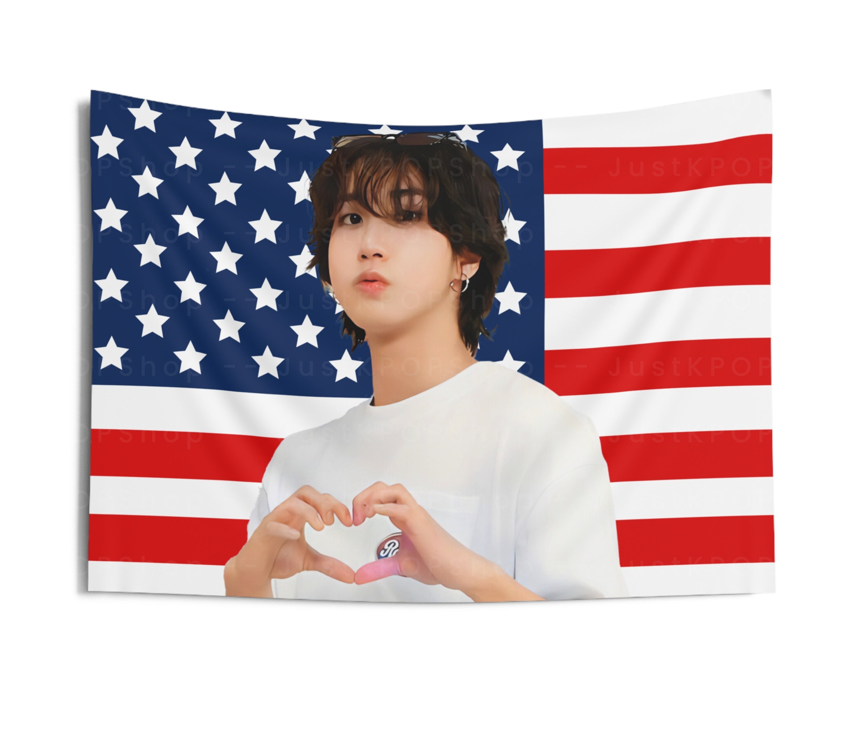 SKZ Han Curly Hair American Flag, Han Jisung American Tapestry, Stray Kids Lalalala, lose my Breath Stray Kids fans, Megaverse