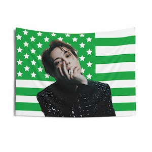 Könnte beinhalten: Eine Person mit braunen Haaren trägt eine Jacke mit schwarz-weißem Muster. Sie steht vor einer amerikanischen Flagge mit grünen und weißen Streifen.