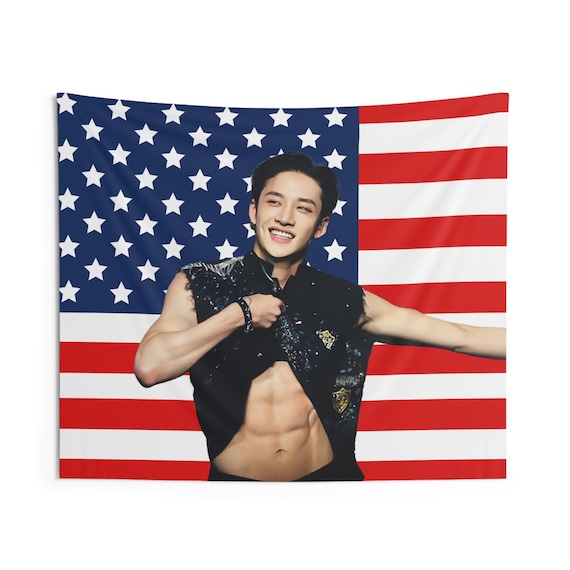 Bang Chan Flexing Abs American Flag, Stray Kids Concert Banner