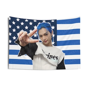 Stray Kids Felix Captivating Blue Hair American Flag, Felix American Tapestry, Felix Merch Decor, Gift for Felix Fan, Felix Fan Gift Ideas