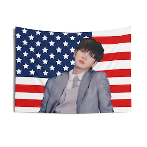 BoyNextDoor Jaehyun in Gray Suit Photo Flag Banner, Jaehyun American Tapestry, Boy Next Door Earth wind and fire