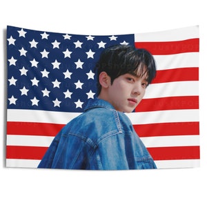 ZB1 Yujin in Denim Outfit American Flag,  Zerobaseone Yujin American Tapestry, Zerobaseone Yura Yura, Zerobaseone Sweat,  ZB1 Feel The Pop