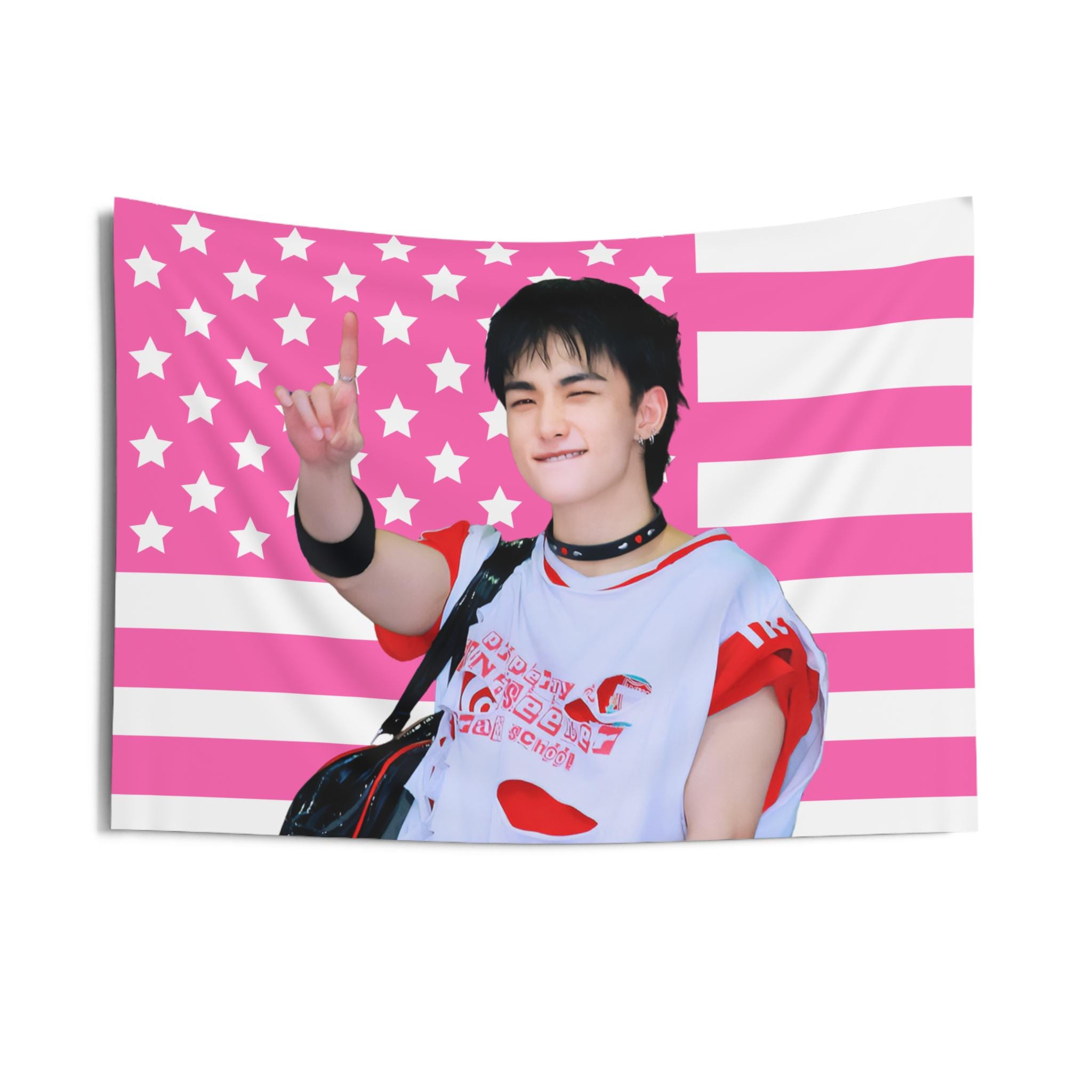 Hyunjin Smile Pink American Flag Tapestry - Stray Kids Kpop Banner