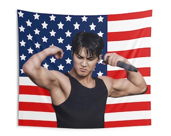 Mingyu Flexing Biceps American Flag Tapestry - Seventeen Kpop