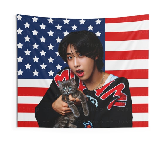 SKZ Han With a Kitten American Flag, Stray Kids Han Jisung