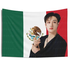 Stray Kids Bang Chan jest garniturem Flaga Meksyku, Bang Chan Meksykański gobelin, Stray Kids Ate, Góry SKZ, Sprawiasz, że Stray Kids zostają