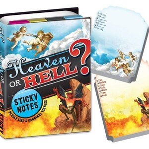 May include: A Heaven or Hell sticky note set featuring a box with a blue sky, cherubs, and a red devil illustration. The box text reads Heaven or Hell and Sticky Notes Deadly Sins & Cardinal Virtues. Two note pads are shown with lists of virtues and sins.