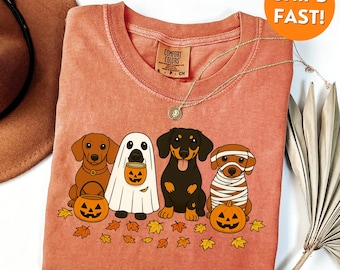 Maglietta di Halloween Comfort Colors®, maglietta di Halloween con bassotto, maglietta di Halloween con bassotto, regalo per mamma di cane, maglietta autunnale con bassotto, maglietta con bassotto