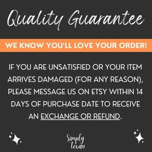 May include: A dark gray graphic with white text that reads "Quality Guarantee" and "We know you'll love your order!". The text also states the policy for damaged items and how to contact the seller.