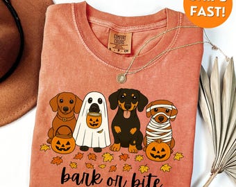 Maglietta di Halloween Comfort Colors®, maglietta di Halloween con bassotto, maglietta di Halloween con bassotto, regalo per mamma di cane, maglietta autunnale con bassotto, maglietta con bassotto