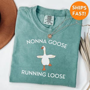 May include: A teal Comfort Colors t-shirt with the words "NONNA GOOSE RUNNING LOOSE" and a cartoon goose graphic. A silver necklace with a pendant is draped across the shirt. The shirt is a size small.