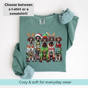May include: A teal green sweatshirt featuring a Christmas design with five German Shorthaired Pointers wearing festive sweaters and reindeer antlers. The dogs are surrounded by Christmas lights.