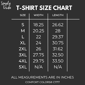 May include: T-shirt size chart with measurements in inches for sizes S through 5XL. The chart shows width and length measurements for each size.