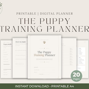 Könnte beinhalten: Ein digitaler Welpentrainingsplaner mit minimalistischem Design. Das Cover zeigt den Text "The Puppy Training Planner" und ein Pfotenabdruck-Symbol. Der Planer umfasst 20 Seiten und ist als Sofort-Download im A4-Format erhältlich.