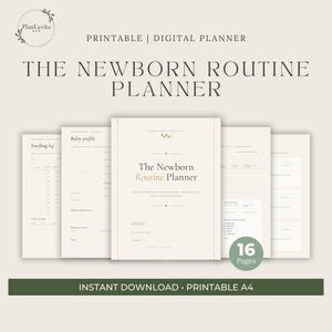 以下が含まれることがあります： The Newborn Routine Plannerというタイトルの印刷可能なデジタルプランナーで、A4サイズの16ページで構成されています。授乳記録、赤ちゃんのプロフィール、毎日のルーチンなどのセクションが含まれており、ベージュの色調でテキストが記載されています。