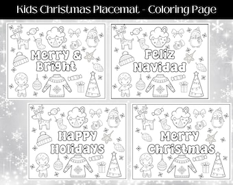 May include: Black and white coloring page placemats for kids with Christmas themes. Each placemat features festive illustrations of reindeer, gingerbread men, and Christmas trees, with holiday greetings like "Merry & Bright".