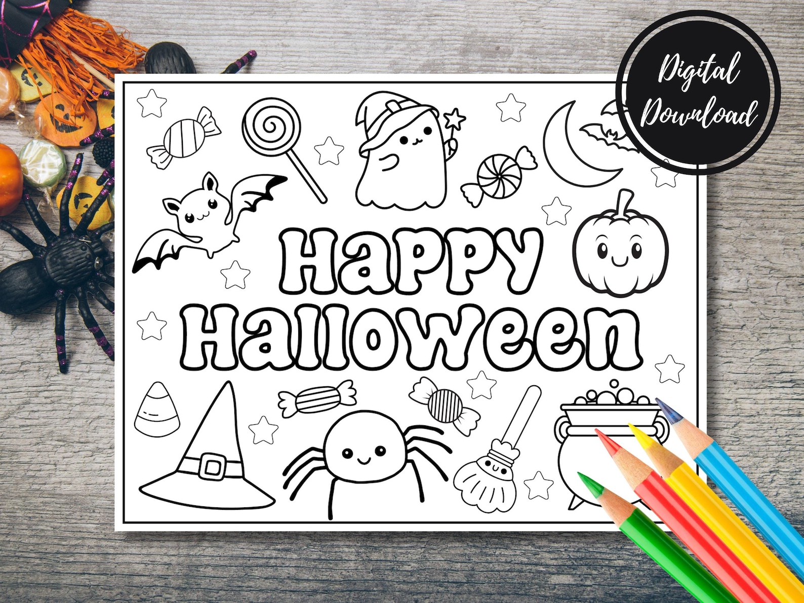 Halloween coloring placemat with broad ghost, pumpkin, spider and party shapes.