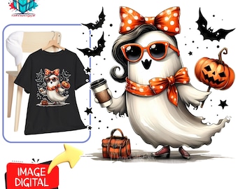 Cute Halloween Ghost PNG | Fall Fashion Ghost Design for Sublimation | Pumpkin Coffee Girl SVG | High-Res 300DPI Clipart for T-Shirts, Mugs