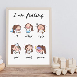 Op de afbeelding: Een printbaar diagram met illustraties van een meisje dat verschillende emoties uitdrukt. Het diagram bevat de tekst "Ik voel me" en labels voor elke emotie: verdrietig, blij, boos, ziek, moe en bang.