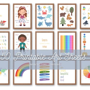 Könnte beinhalten: Set mit 50 druckbaren Kunstblättern für das Montessori-Lernen. Die Blätter zeigen farbenfrohe Illustrationen und Texte, darunter eine Weltkarte, einen Regenbogen, einen menschlichen Körper und ein Sonnensystem.