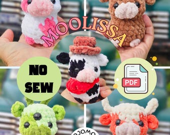 May include: A collection of handmade crochet cow plushies in various colors and patterns. The plushies include a white and pink cow, a brown cow, a black and white cow with a hat, a green cow with three eyes, and an orange and white cow.
