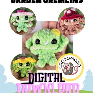 Può includere: Grafica di download digitale con gremlins verdi all'uncinetto con vari cappelli. Il testo "GARDEN GREMLINS" e "DIGITAL DOWNLOAD" sono visualizzati. È presente anche un logo circolare con un opossum dei cartoni animati.