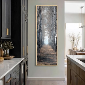 May include: A tall, vertical rectangular wall art piece featuring a photographic print of a forest path lined with birch trees. The image displays a narrow dirt trail stretching into the distance between white-barked trees under a soft light.