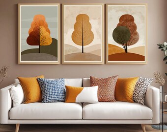 Set of 3 Abstract art for Dining Room or Office Wall, Botanical Floral Wall Art, Boho Framed Canvas Art, 3 Piece Wall Art for Rooms and Hall