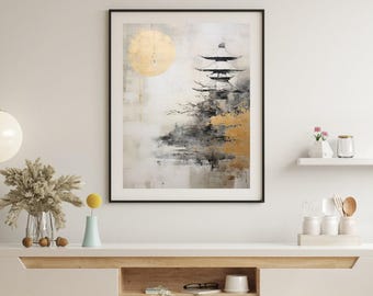May include: A black and white painting of a Japanese pagoda with a golden sun in the background. The painting is framed in a black frame and is hanging on a white wall.