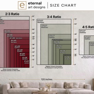 The image is a size chart for art designs, providing dimensions for different artworks in various sizes. It includes a 2-3 Ratio chart, a 3-4 Ratio chart, and a 4-5 Ratio chart. The chart is displayed in a living room setting with a couch and a lamp visible in the background. The image is not a collage of multiple images, but rather a single image that provides the dimensions for the artworks. The chart includes a 120-inch scale, which is used to measure the size of the artworks.