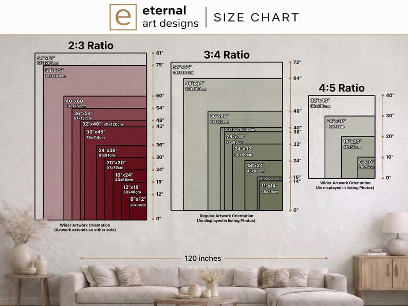 The image is a size chart for art designs, providing dimensions for different artworks in various sizes. It includes a 2-3 Ratio chart, a 3-4 Ratio chart, and a 4-5 Ratio chart. The chart is displayed in a living room setting with a couch and a lamp visible in the background. The image is not a collage of multiple images, but rather a single image that provides the dimensions for the artworks. The chart includes a 120-inch scale, which is used to measure the size of the artworks.