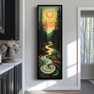 Peut inclure: Une peinture d'une rivière sinueuse qui coule à travers une forêt. La rivière est de couleur bleu clair et la forêt est d'un vert foncé. Le soleil brille dans le ciel et les arbres projettent de longues ombres.